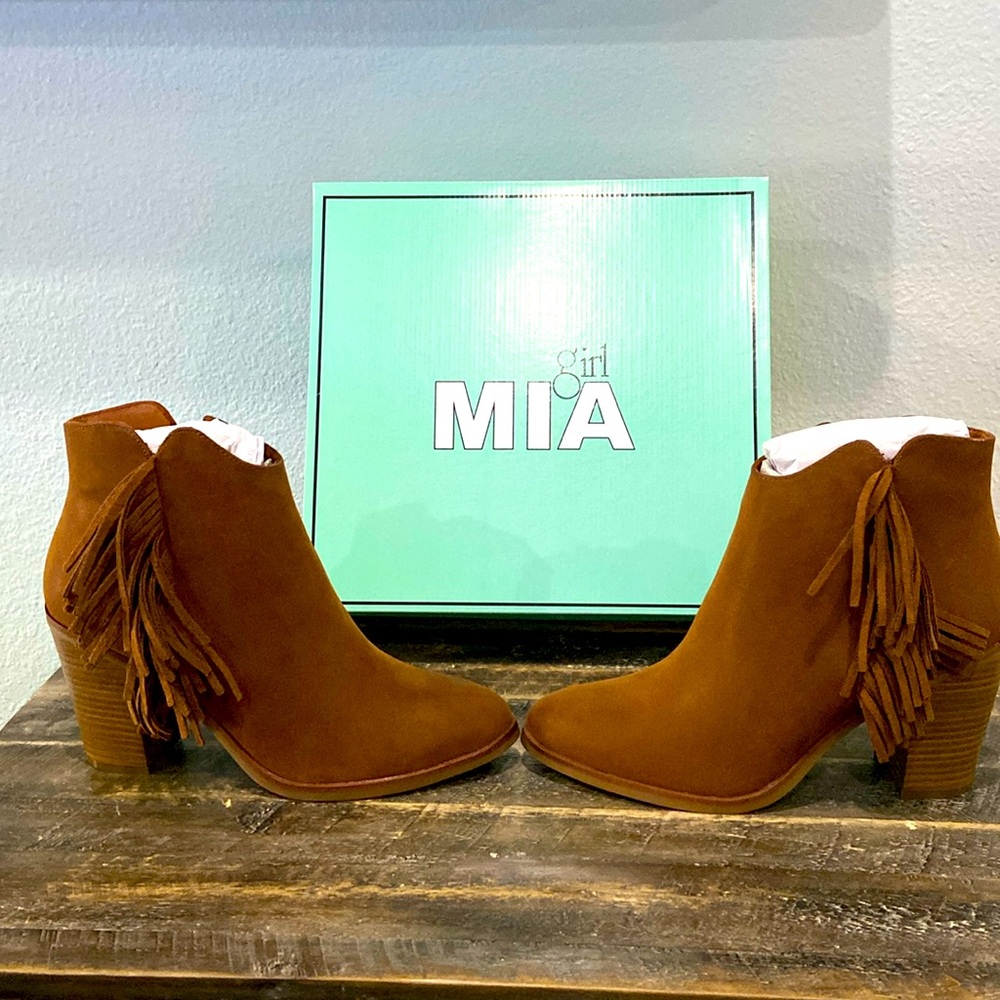 Mia Girl fringe boots in cognac.  Super cute!! Brand new, never worn in box.